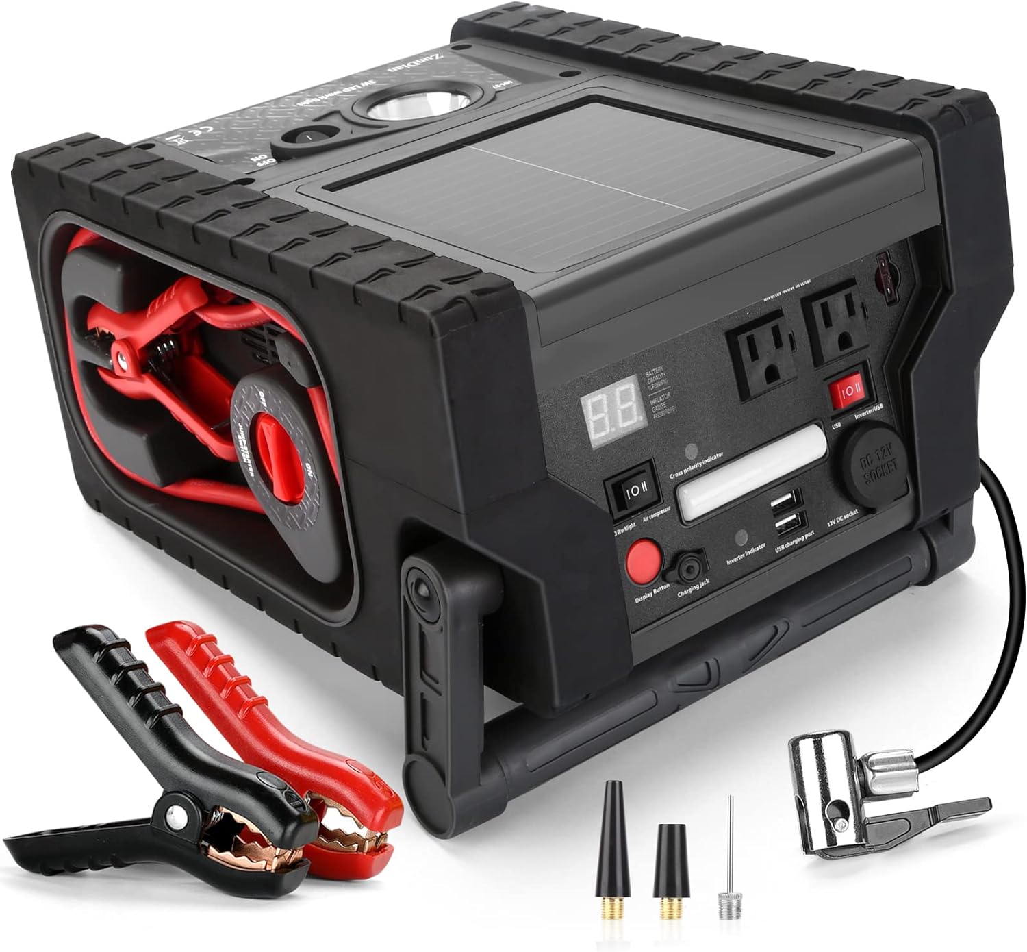 Solar Portable Power Station with Jump Starter, Air Compressor, and Inverter